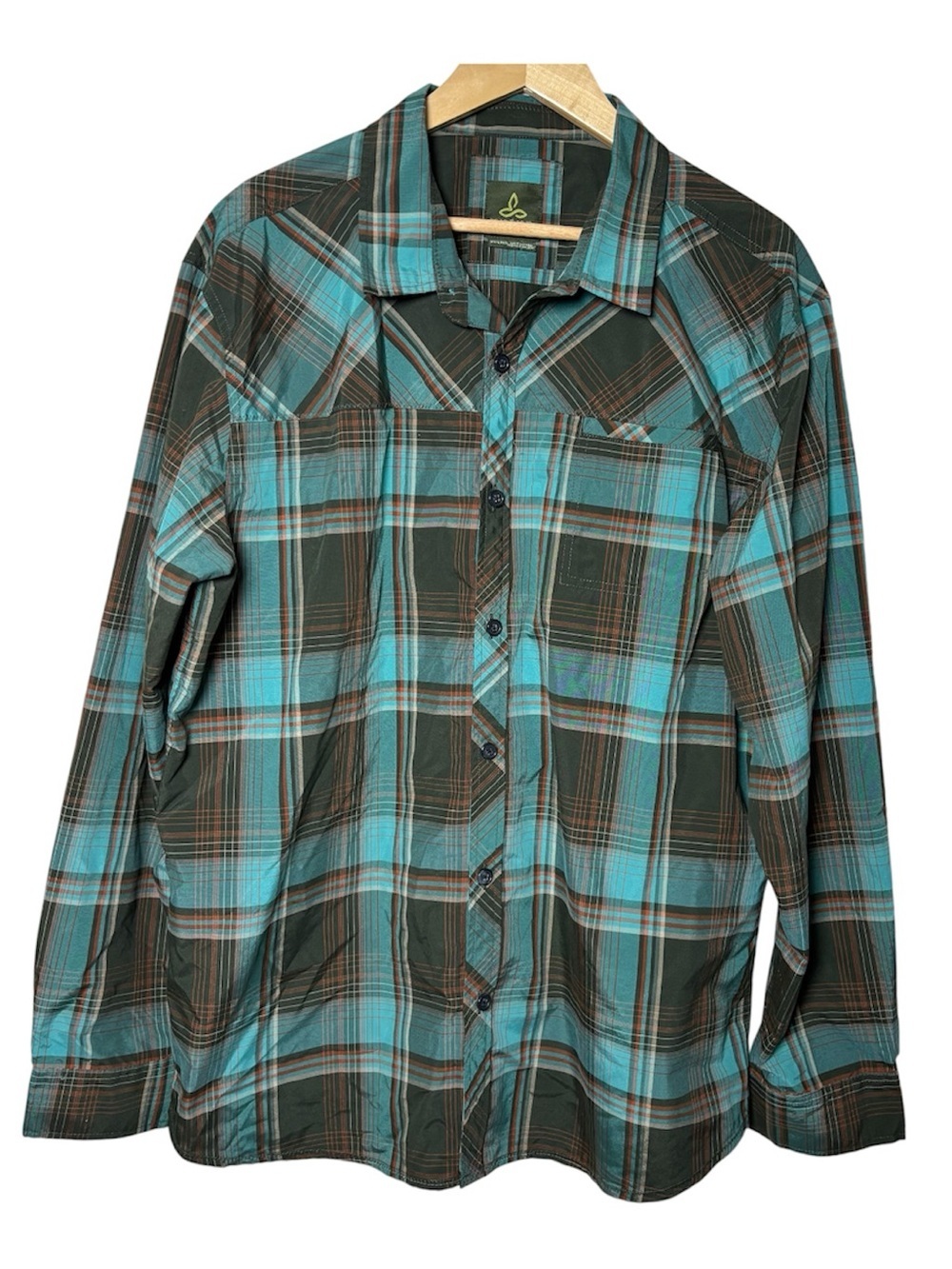 prAna Farley Shirt Mens XXL Teal Brown Orange Plaid Hiking Tech Button Down NWOT